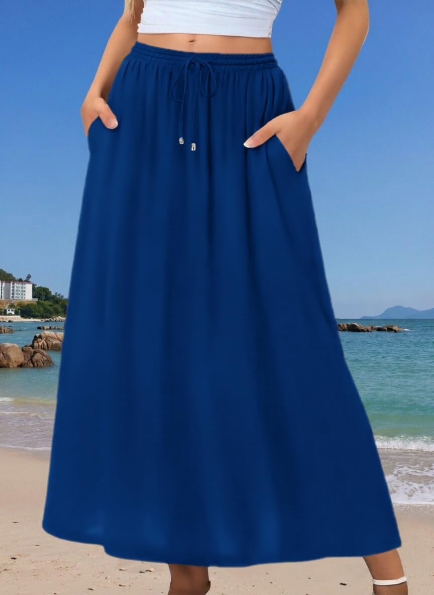 image:imageZeagoo Womens 2026 Boho Floral Skirt Casual Elastic High Waist Maxi Skirts Flowy A Line Beach Long Skirt with Side PocketsBlue Color