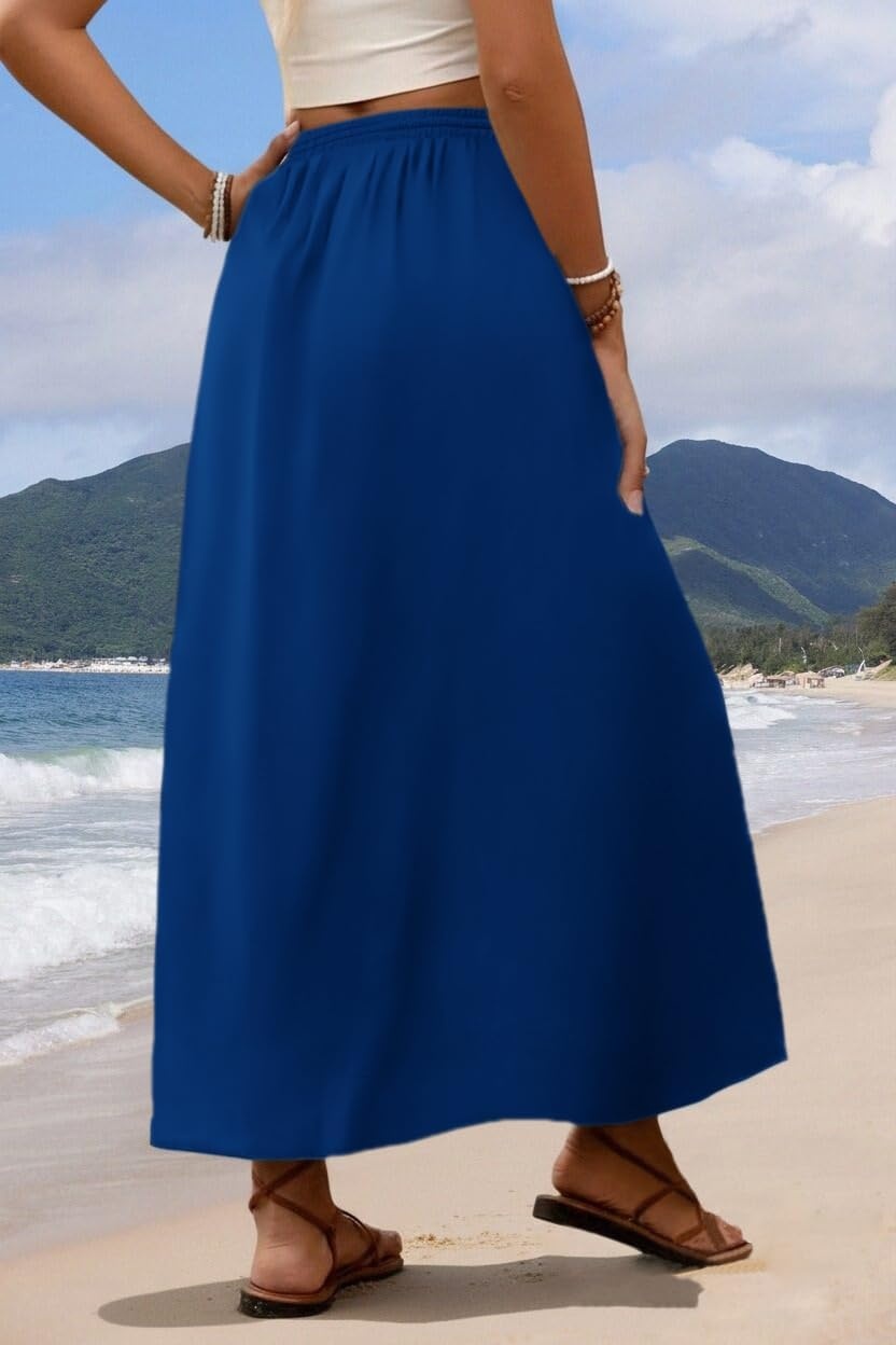 image:imageZeagoo Womens 2026 Boho Floral Skirt Casual Elastic High Waist Maxi Skirts Flowy A Line Beach Long Skirt with Side PocketsBlue Color
