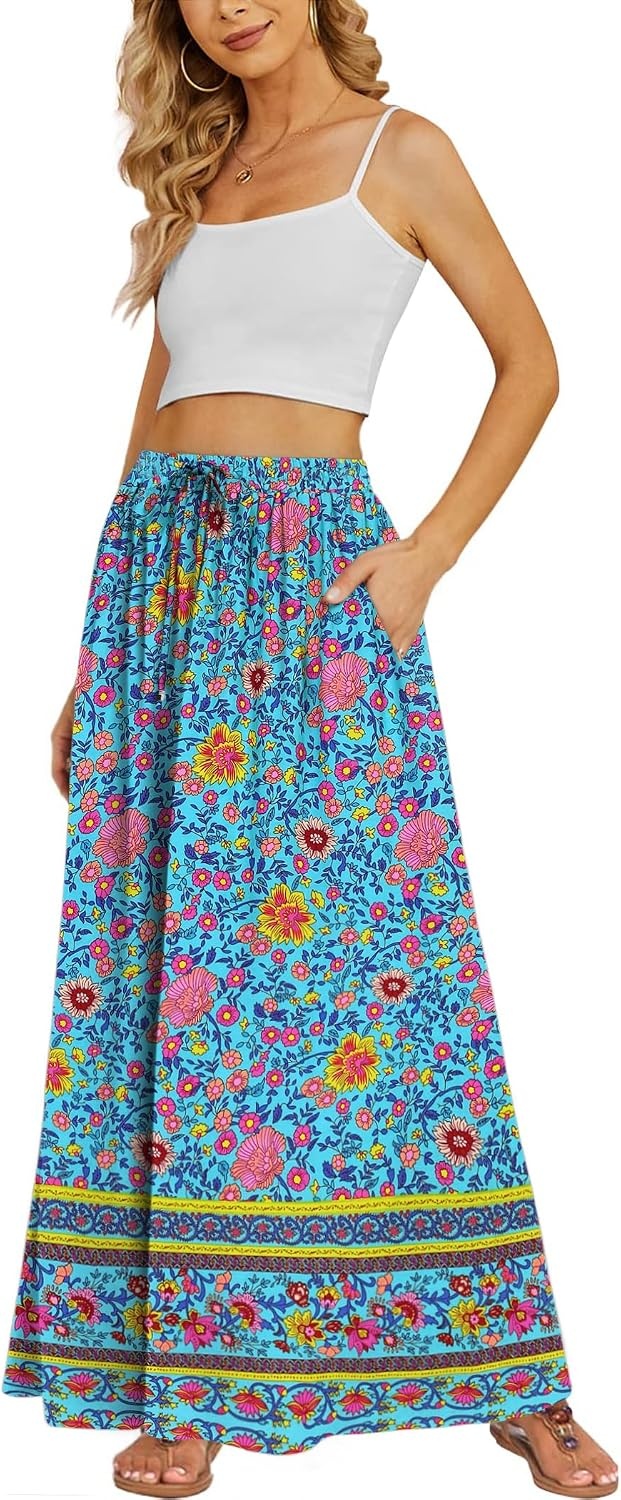 image:imageZeagoo Womens 2026 Boho Floral Skirt Casual Elastic High Waist Maxi Skirts Flowy A Line Beach Long Skirt with Side PocketsBlue Pa29