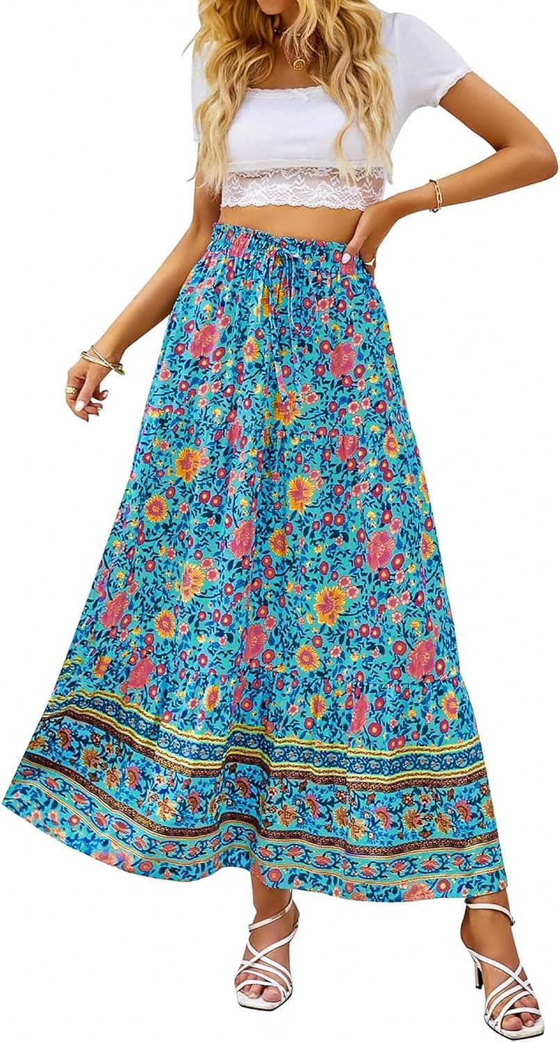 image:imageZeagoo Womens 2026 Boho Floral Skirt Casual Elastic High Waist Maxi Skirts Flowy A Line Beach Long Skirt with Side PocketsBlue Pa29