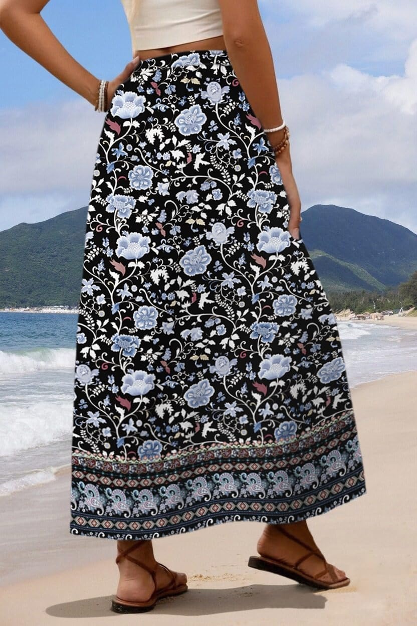 image:imageZeagoo Womens 2026 Boho Floral Skirt Casual Elastic High Waist Maxi Skirts Flowy A Line Beach Long Skirt with Side PocketsBohemian Navy