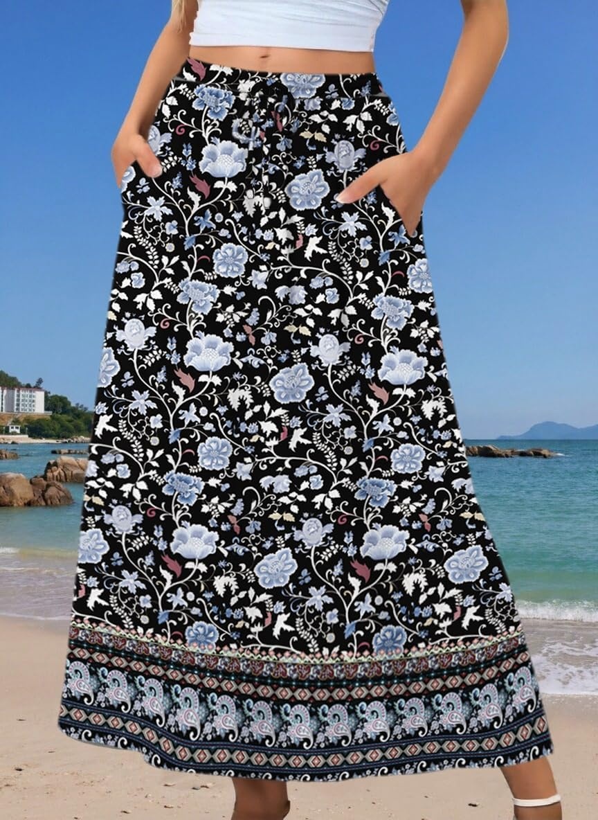 image:imageZeagoo Womens 2026 Boho Floral Skirt Casual Elastic High Waist Maxi Skirts Flowy A Line Beach Long Skirt with Side PocketsBohemian Navy