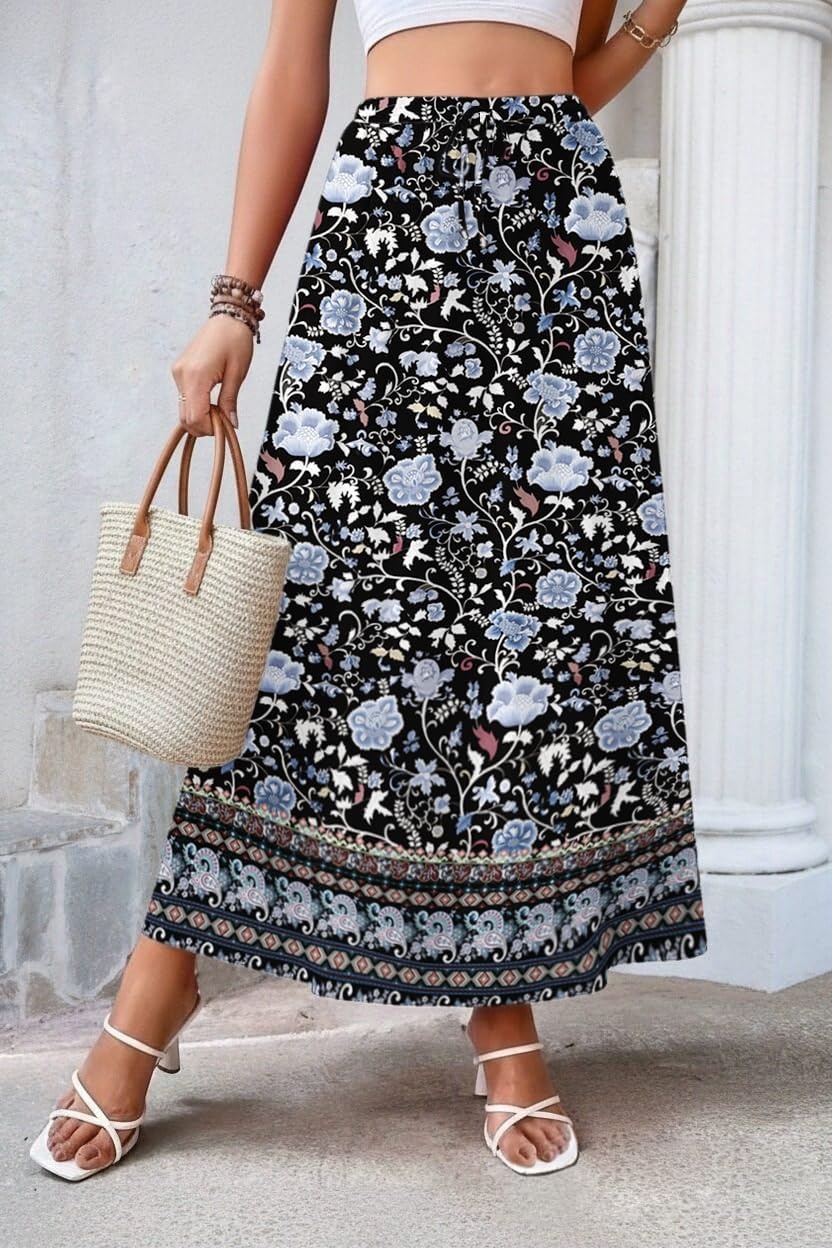 image:imageZeagoo Womens 2026 Boho Floral Skirt Casual Elastic High Waist Maxi Skirts Flowy A Line Beach Long Skirt with Side PocketsBohemian Navy