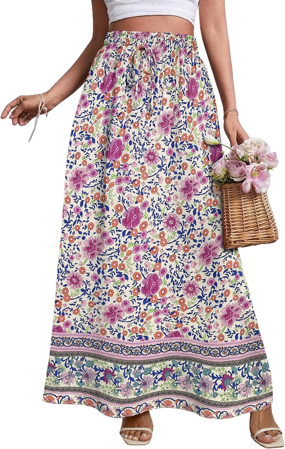 image:imageZeagoo Womens 2026 Boho Floral Skirt Casual Elastic High Waist Maxi Skirts Flowy A Line Beach Long Skirt with Side PocketsBoho Purple Flower