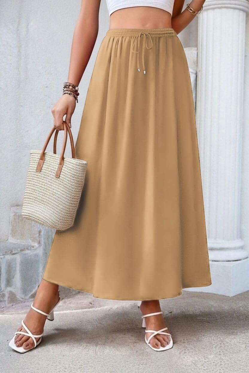 image:imageZeagoo Womens 2026 Boho Floral Skirt Casual Elastic High Waist Maxi Skirts Flowy A Line Beach Long Skirt with Side PocketsCamel