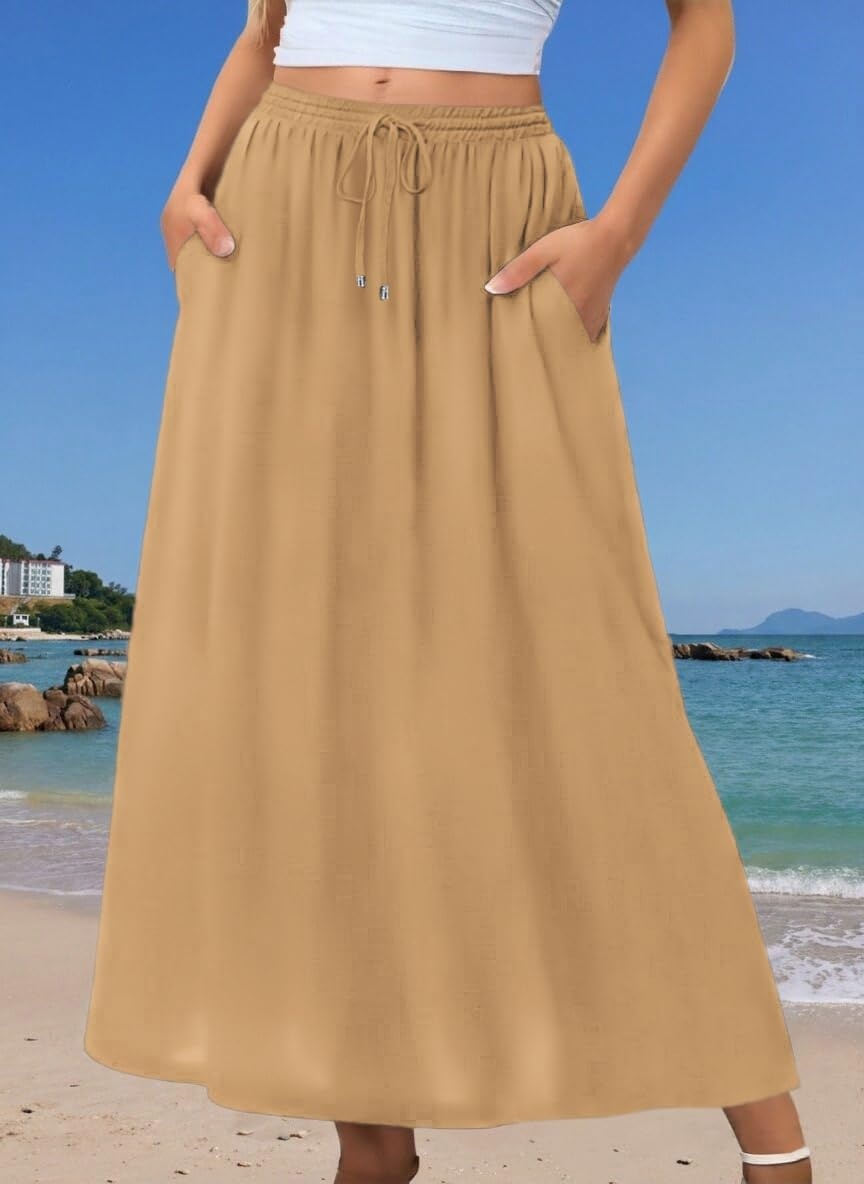 image:imageZeagoo Womens 2026 Boho Floral Skirt Casual Elastic High Waist Maxi Skirts Flowy A Line Beach Long Skirt with Side PocketsCamel