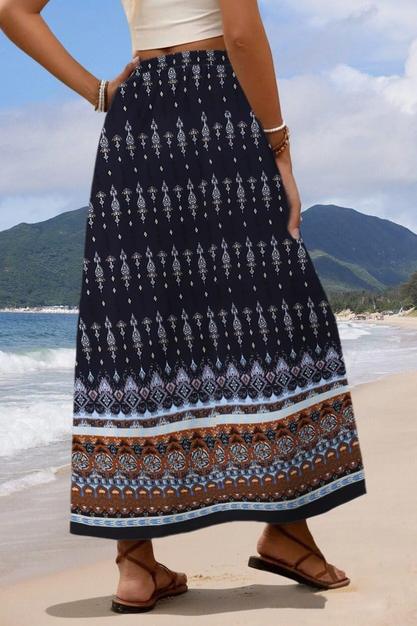 image:imageZeagoo Womens 2026 Boho Floral Skirt Casual Elastic High Waist Maxi Skirts Flowy A Line Beach Long Skirt with Side PocketsDark Blue