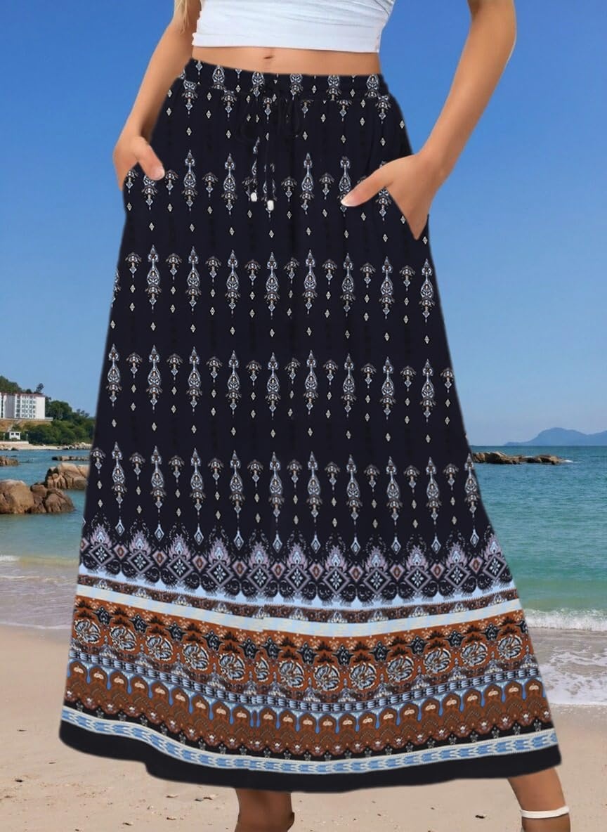 image:imageZeagoo Womens 2026 Boho Floral Skirt Casual Elastic High Waist Maxi Skirts Flowy A Line Beach Long Skirt with Side PocketsDark Blue