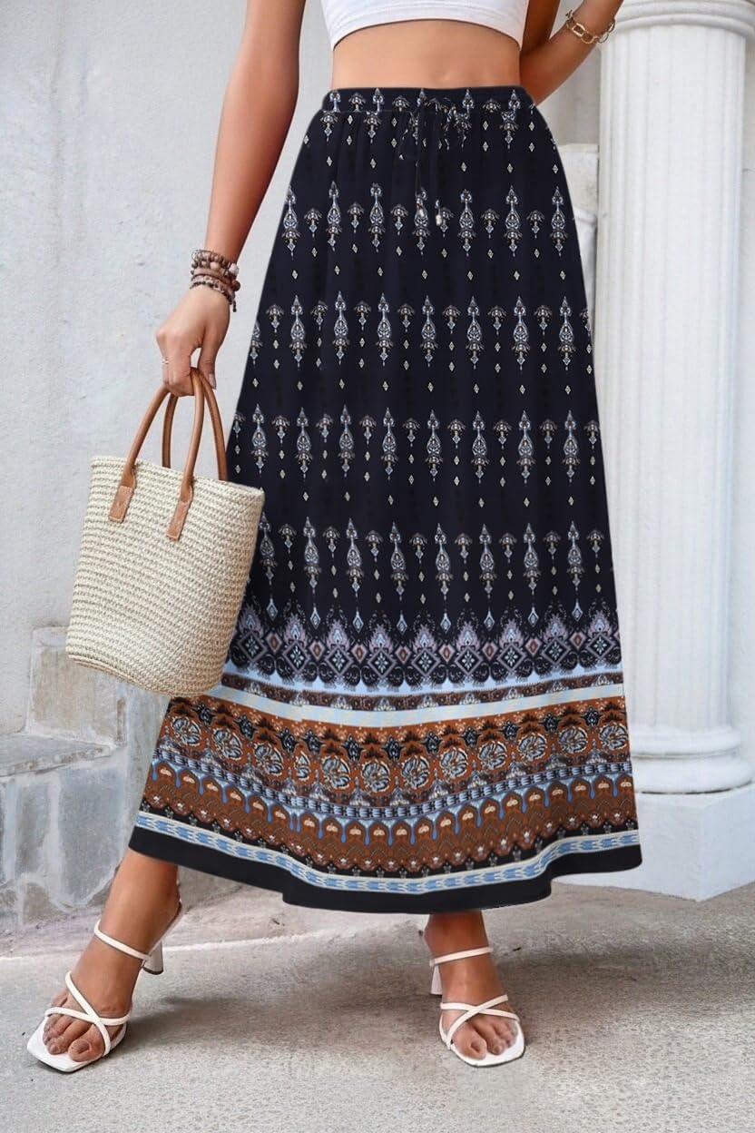 image:imageZeagoo Womens 2026 Boho Floral Skirt Casual Elastic High Waist Maxi Skirts Flowy A Line Beach Long Skirt with Side PocketsDark Blue