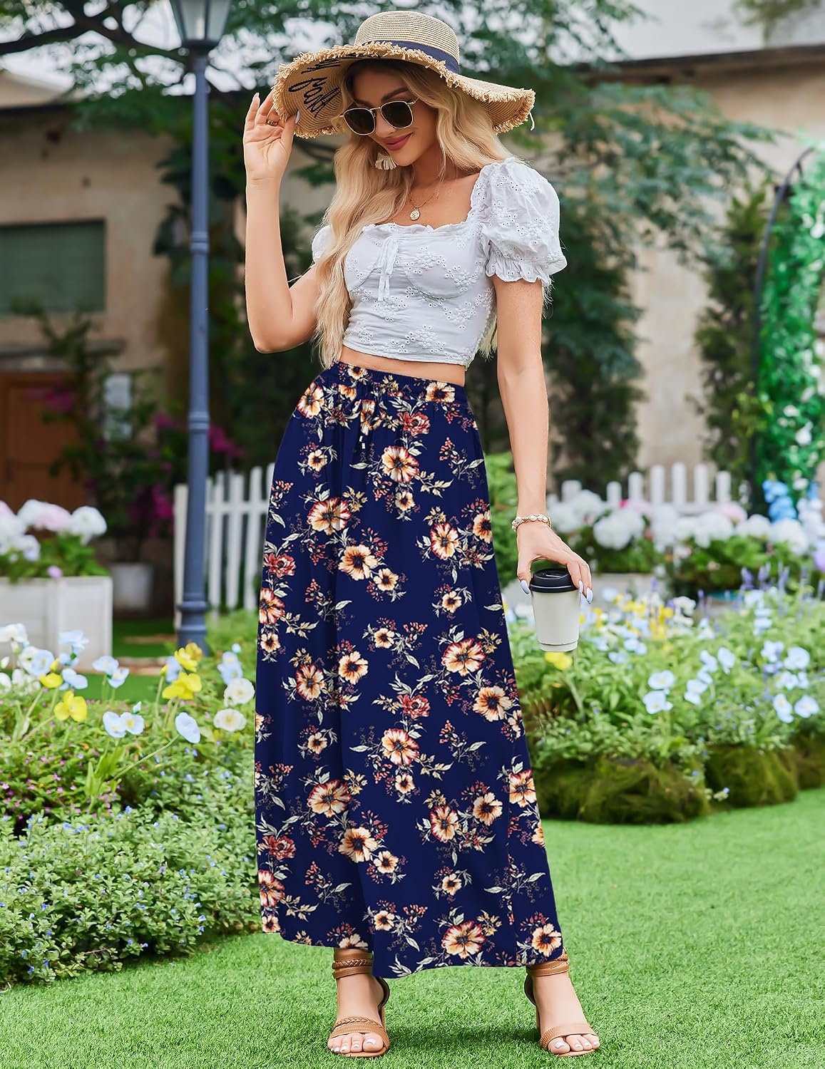 image:imageZeagoo Womens 2026 Boho Floral Skirt Casual Elastic High Waist Maxi Skirts Flowy A Line Beach Long Skirt with Side PocketsDark Bluebrown