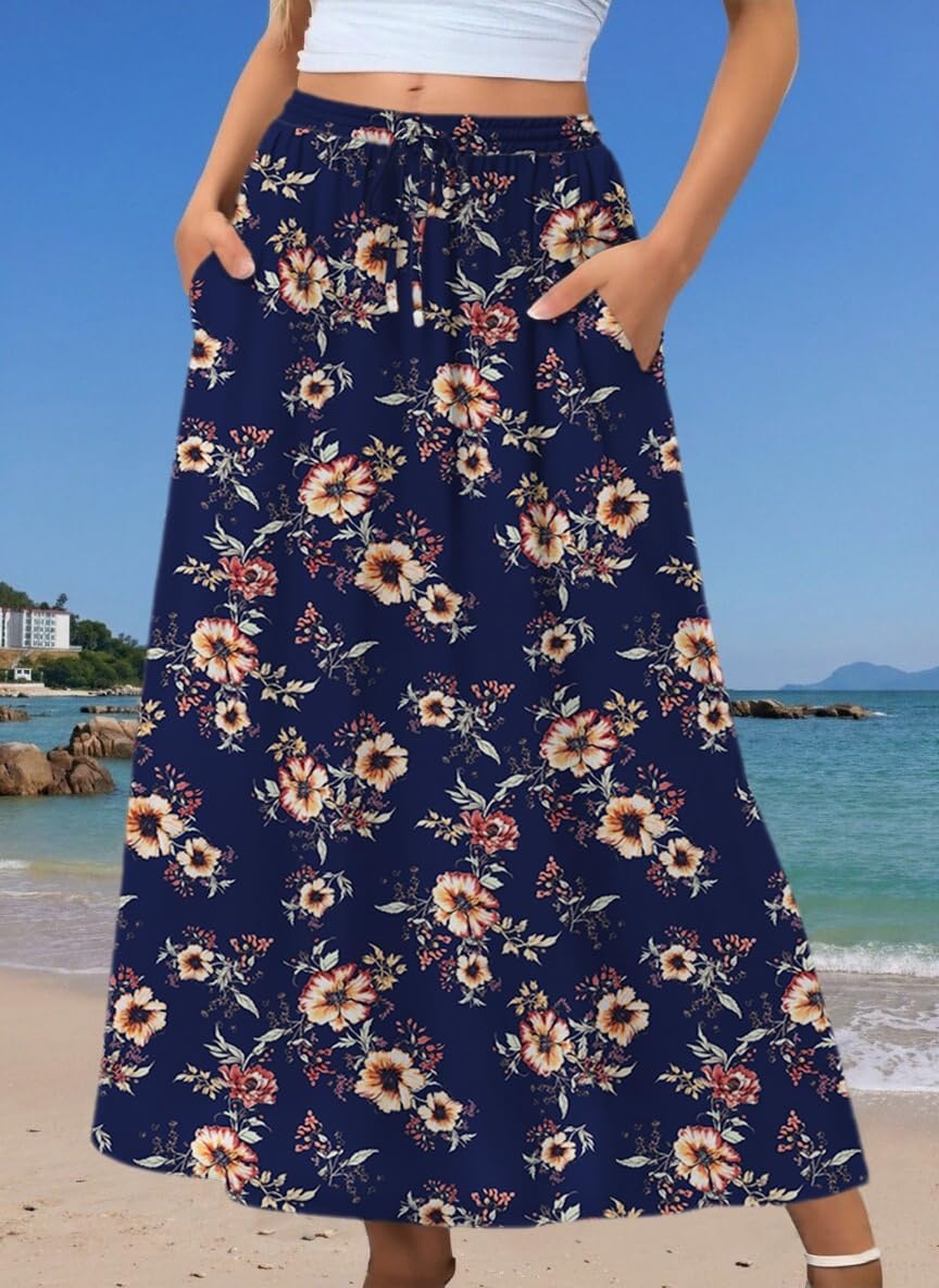 image:imageZeagoo Womens 2026 Boho Floral Skirt Casual Elastic High Waist Maxi Skirts Flowy A Line Beach Long Skirt with Side PocketsDark Bluebrown