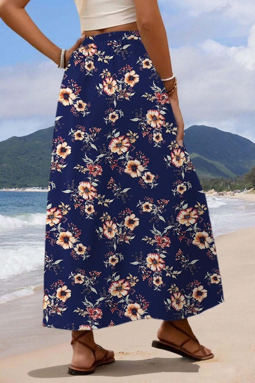 image:imageZeagoo Womens 2026 Boho Floral Skirt Casual Elastic High Waist Maxi Skirts Flowy A Line Beach Long Skirt with Side PocketsDark Bluebrown