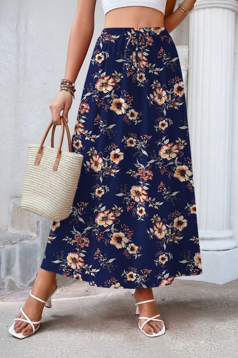 image:imageZeagoo Womens 2026 Boho Floral Skirt Casual Elastic High Waist Maxi Skirts Flowy A Line Beach Long Skirt with Side PocketsDark Bluebrown