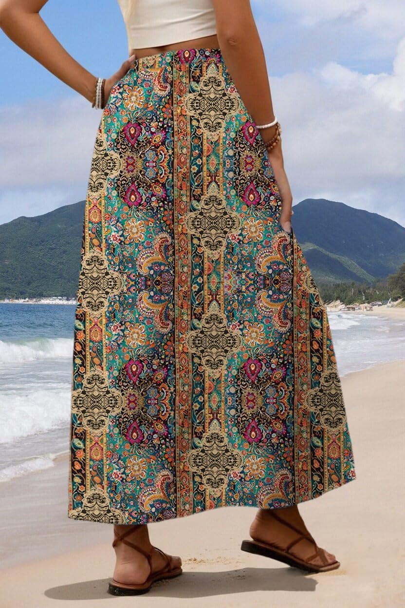 image:imageZeagoo Womens 2026 Boho Floral Skirt Casual Elastic High Waist Maxi Skirts Flowy A Line Beach Long Skirt with Side PocketsEthnic