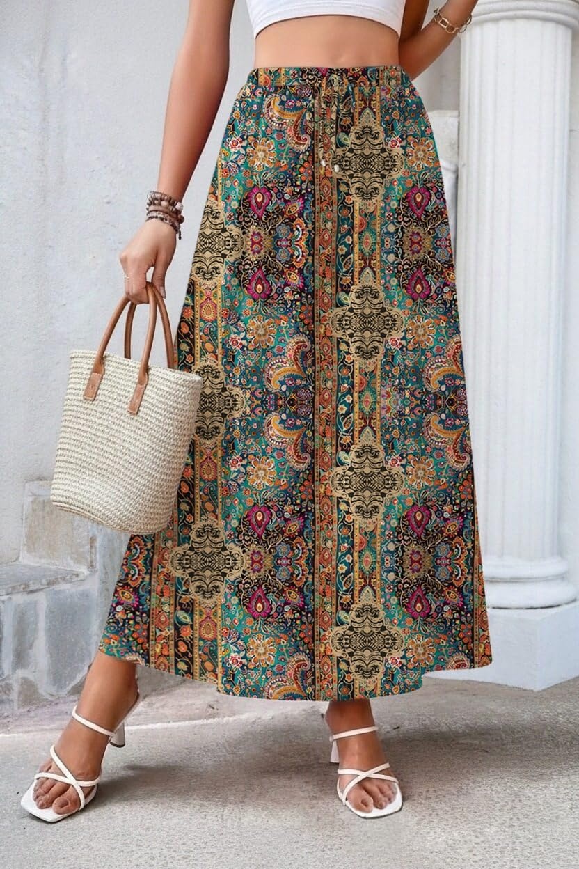 image:imageZeagoo Womens 2026 Boho Floral Skirt Casual Elastic High Waist Maxi Skirts Flowy A Line Beach Long Skirt with Side PocketsEthnic