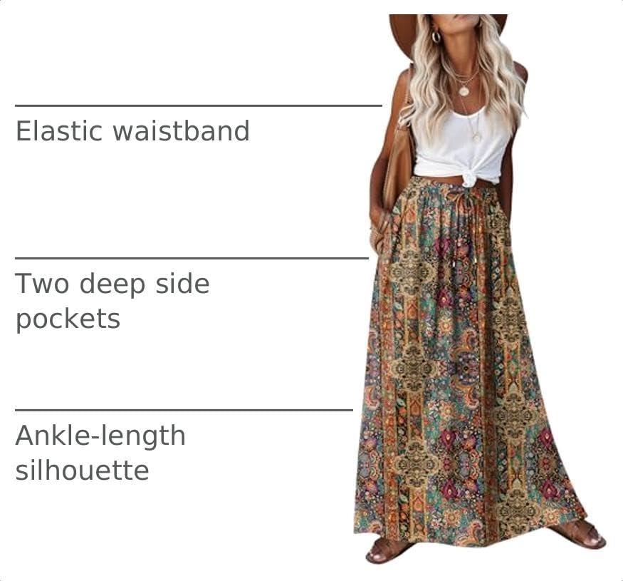 image:imageZeagoo Womens 2026 Boho Floral Skirt Casual Elastic High Waist Maxi Skirts Flowy A Line Beach Long Skirt with Side PocketsEthnic