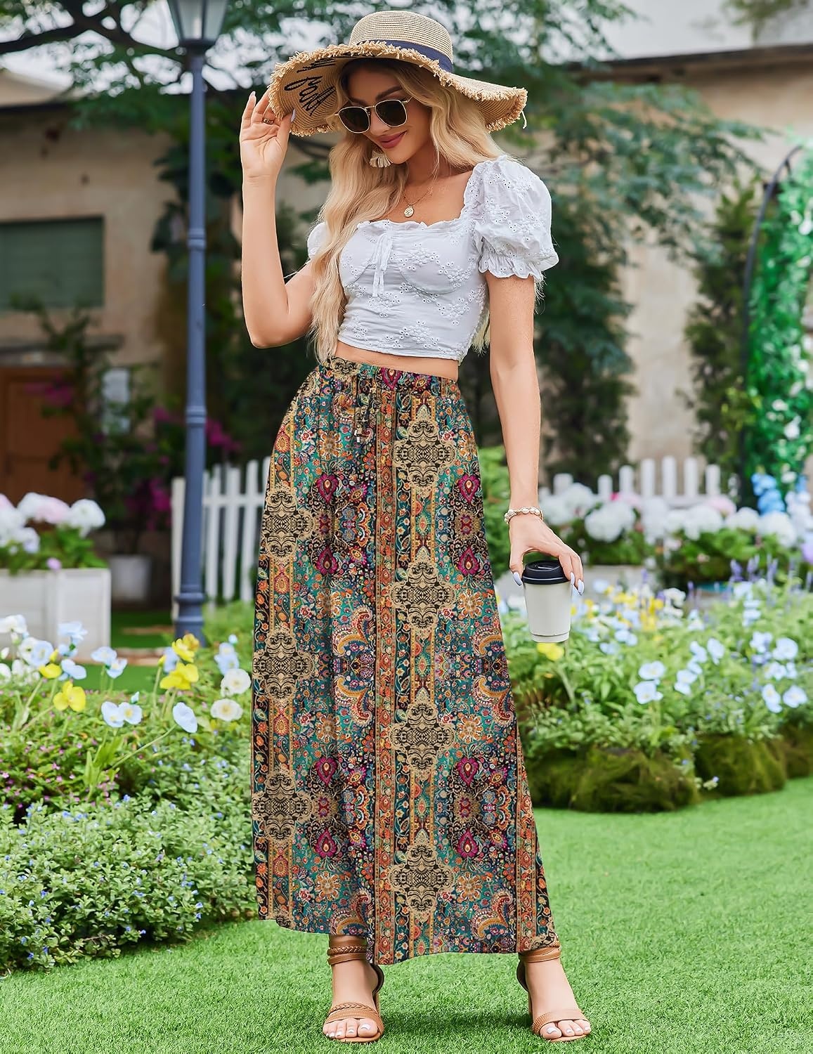 image:imageZeagoo Womens 2026 Boho Floral Skirt Casual Elastic High Waist Maxi Skirts Flowy A Line Beach Long Skirt with Side PocketsEthnic