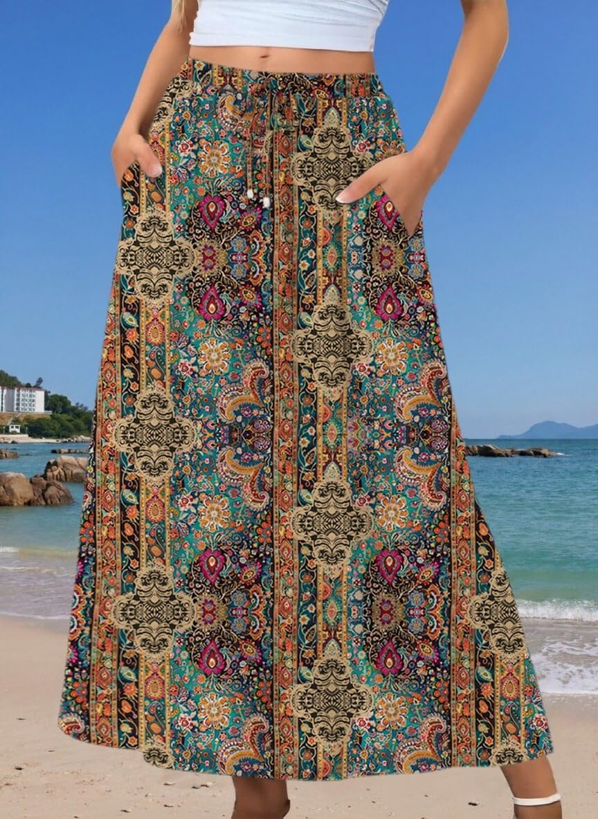 image:imageZeagoo Womens 2026 Boho Floral Skirt Casual Elastic High Waist Maxi Skirts Flowy A Line Beach Long Skirt with Side PocketsEthnic