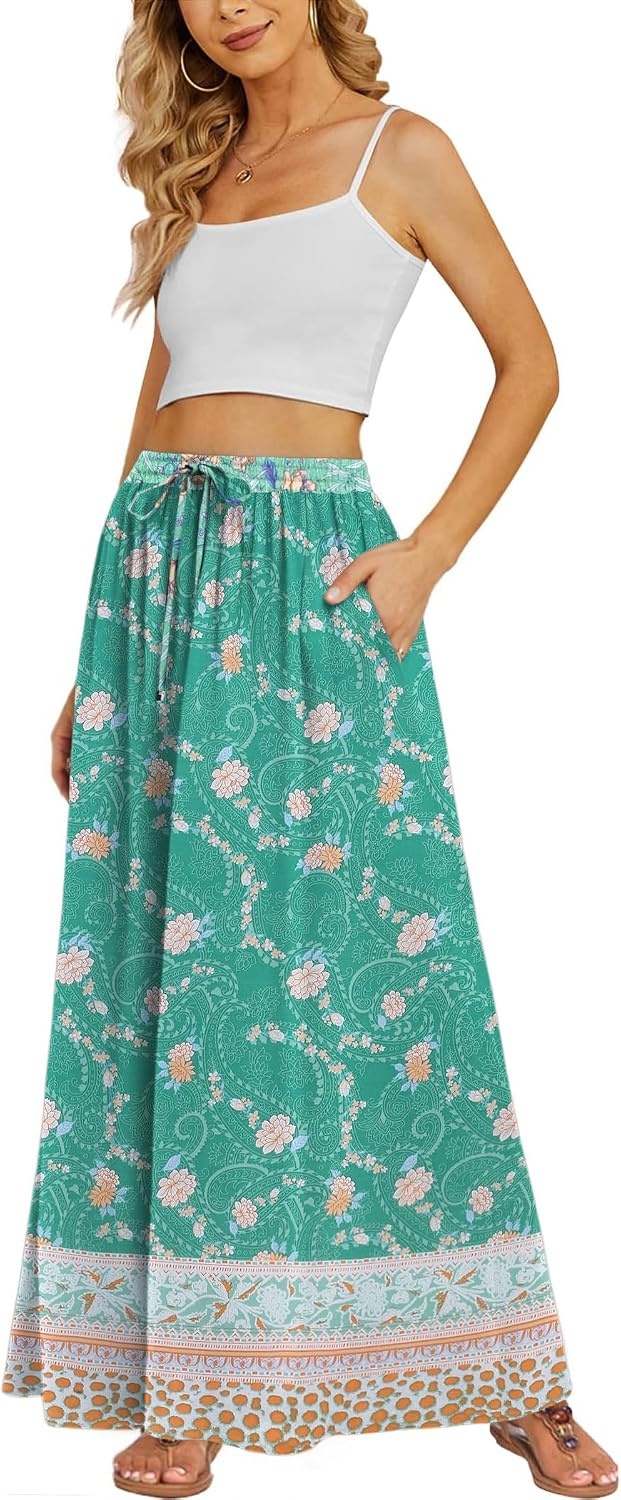 image:imageZeagoo Womens 2026 Boho Floral Skirt Casual Elastic High Waist Maxi Skirts Flowy A Line Beach Long Skirt with Side PocketsGreen