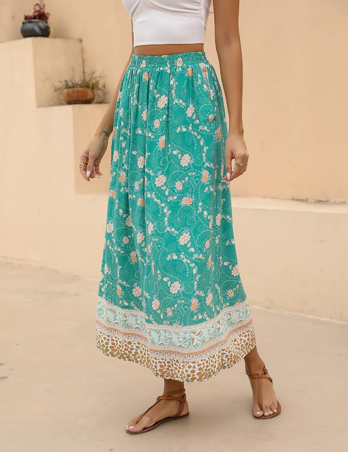 image:imageZeagoo Womens 2026 Boho Floral Skirt Casual Elastic High Waist Maxi Skirts Flowy A Line Beach Long Skirt with Side PocketsGreen