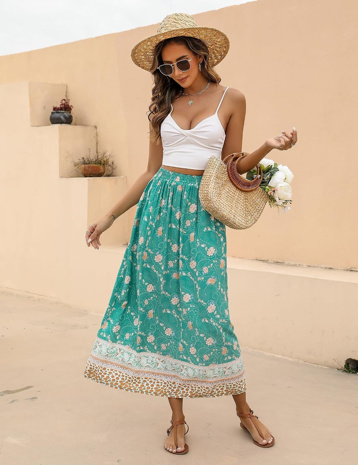 image:imageZeagoo Womens 2026 Boho Floral Skirt Casual Elastic High Waist Maxi Skirts Flowy A Line Beach Long Skirt with Side PocketsGreen