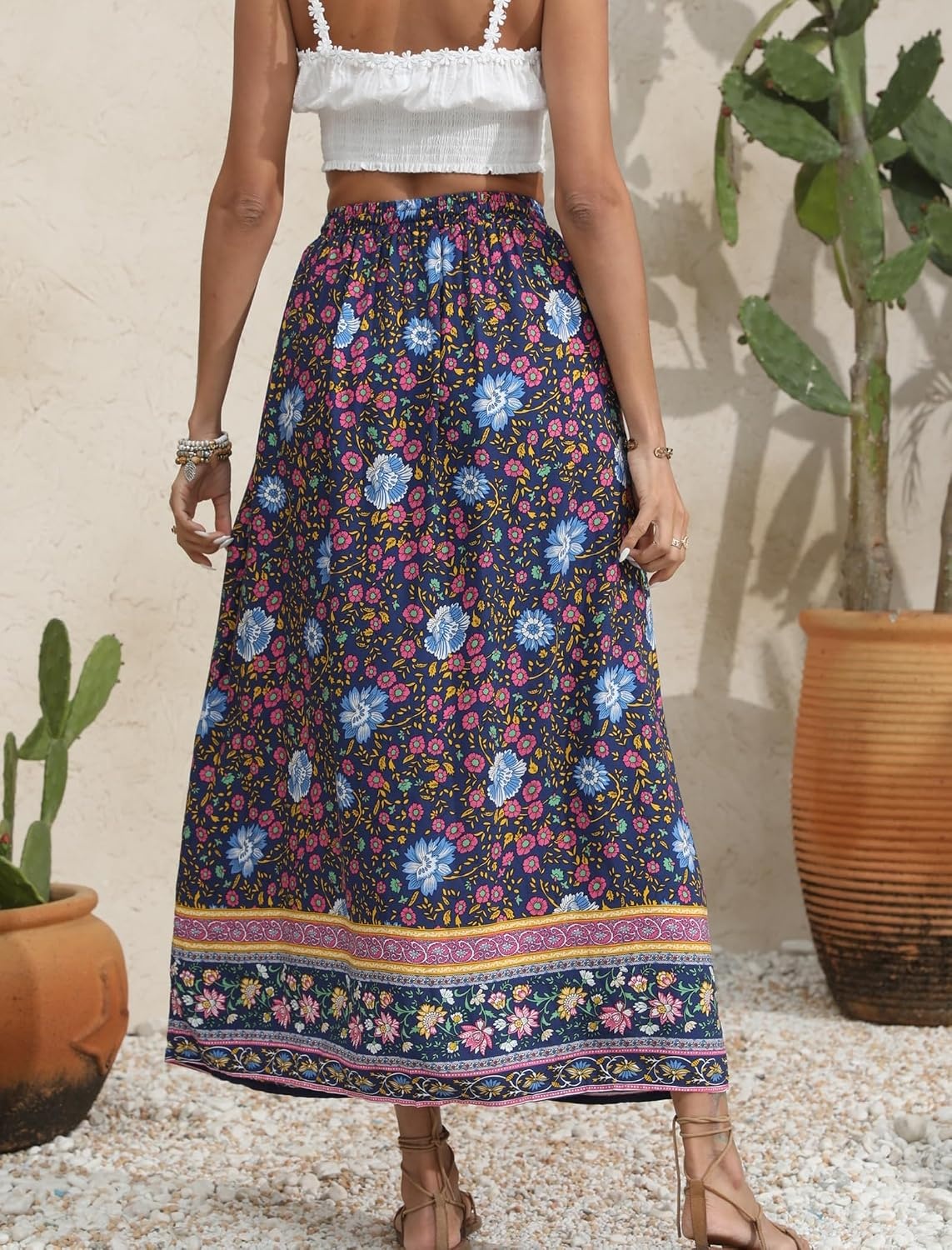 image:imageZeagoo Womens 2026 Boho Floral Skirt Casual Elastic High Waist Maxi Skirts Flowy A Line Beach Long Skirt with Side PocketsMulticolor