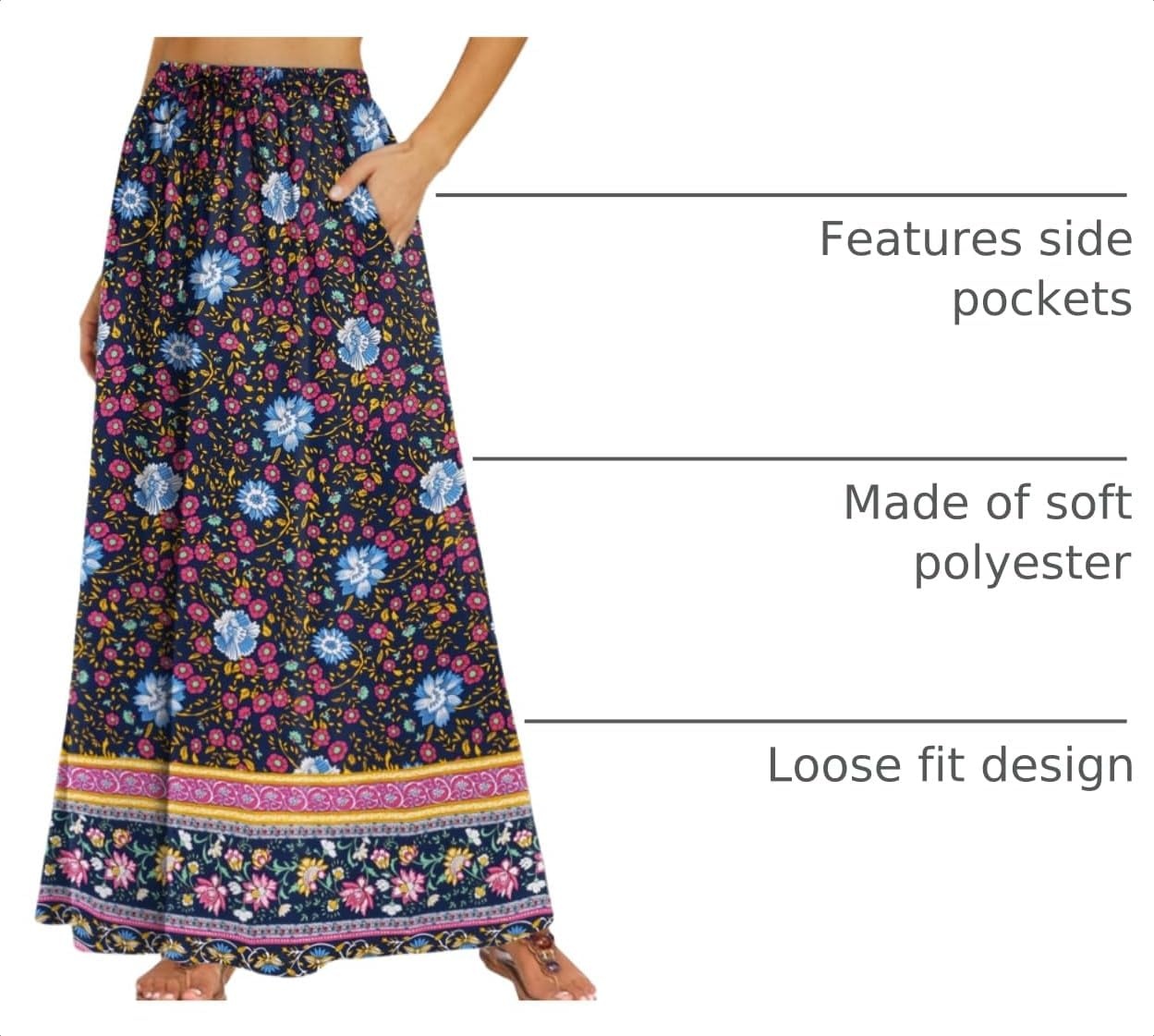 image:imageZeagoo Womens 2026 Boho Floral Skirt Casual Elastic High Waist Maxi Skirts Flowy A Line Beach Long Skirt with Side PocketsMulticolor