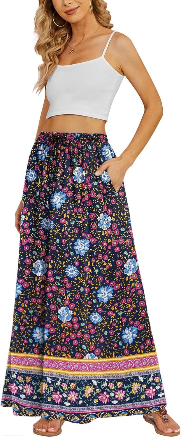 image:imageZeagoo Womens 2026 Boho Floral Skirt Casual Elastic High Waist Maxi Skirts Flowy A Line Beach Long Skirt with Side PocketsMulticolor