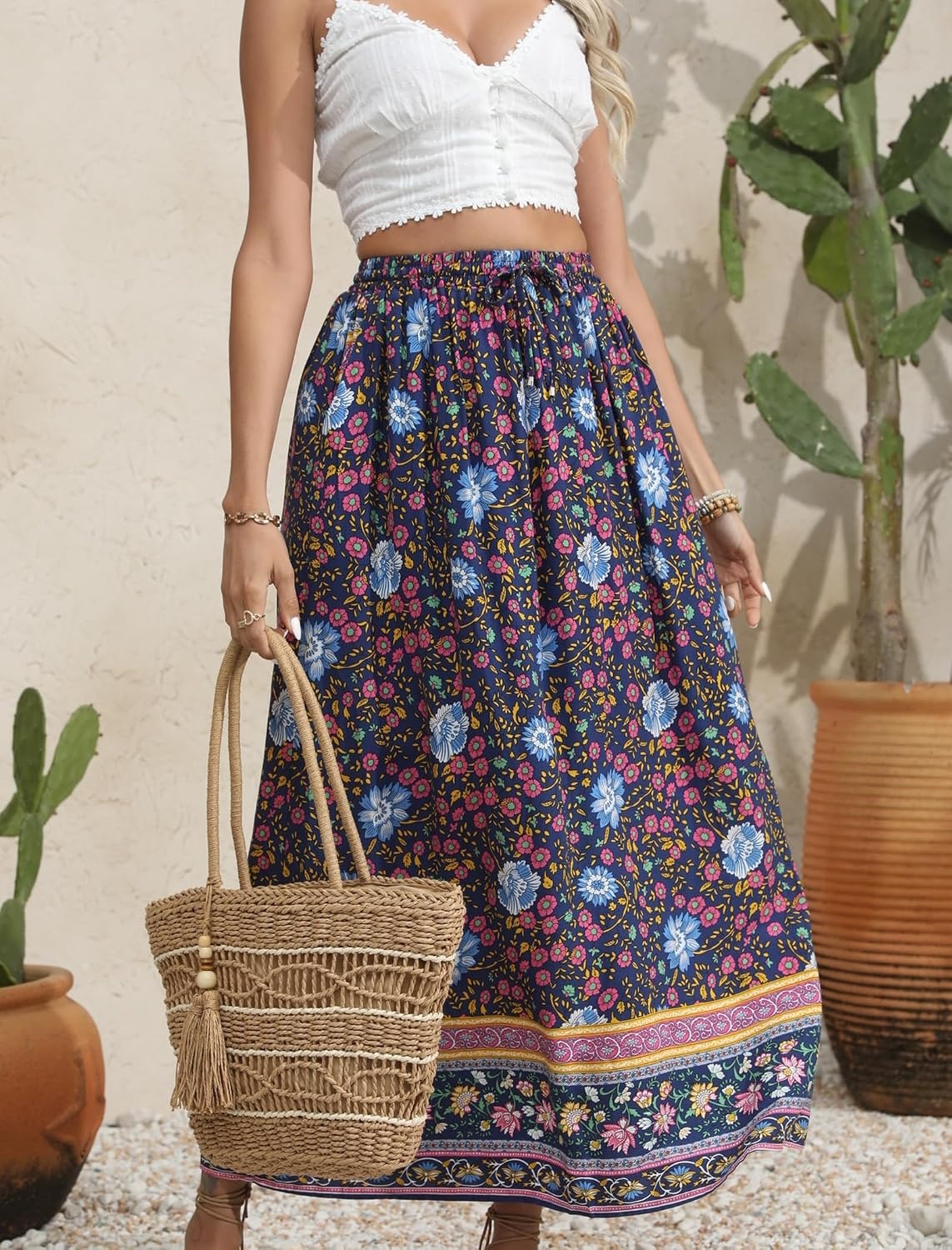 image:imageZeagoo Womens 2026 Boho Floral Skirt Casual Elastic High Waist Maxi Skirts Flowy A Line Beach Long Skirt with Side PocketsMulticolor