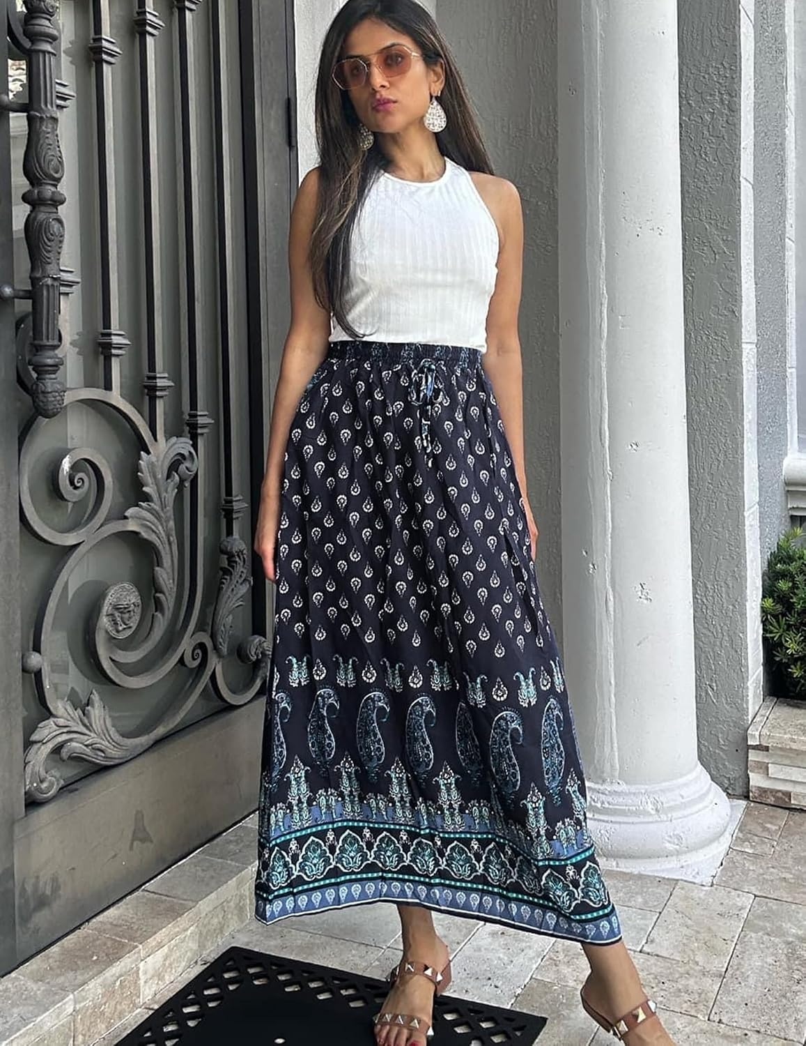 image:imageZeagoo Womens 2026 Boho Floral Skirt Casual Elastic High Waist Maxi Skirts Flowy A Line Beach Long Skirt with Side PocketsNavy Blue