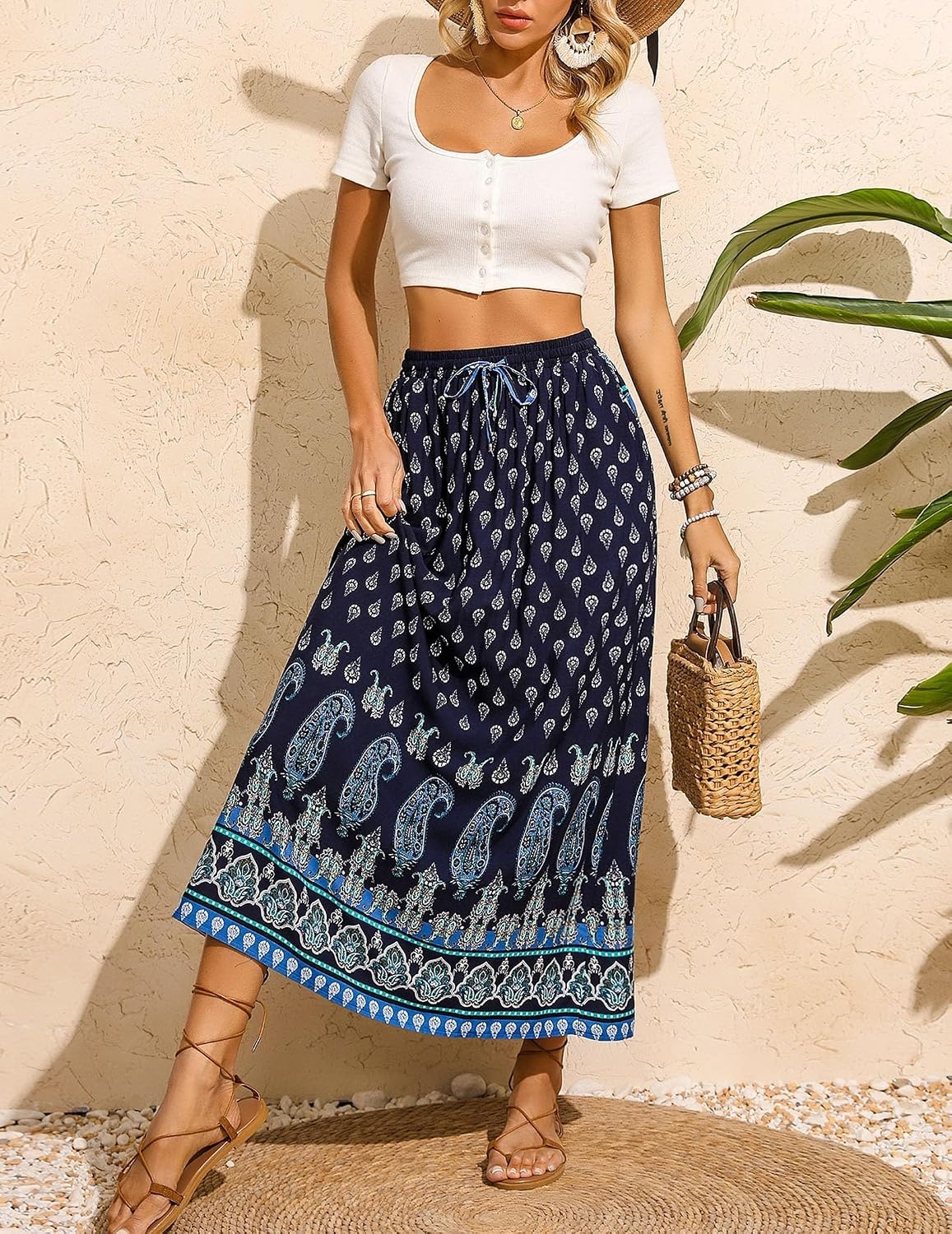 image:imageZeagoo Womens 2026 Boho Floral Skirt Casual Elastic High Waist Maxi Skirts Flowy A Line Beach Long Skirt with Side PocketsNavy Blue