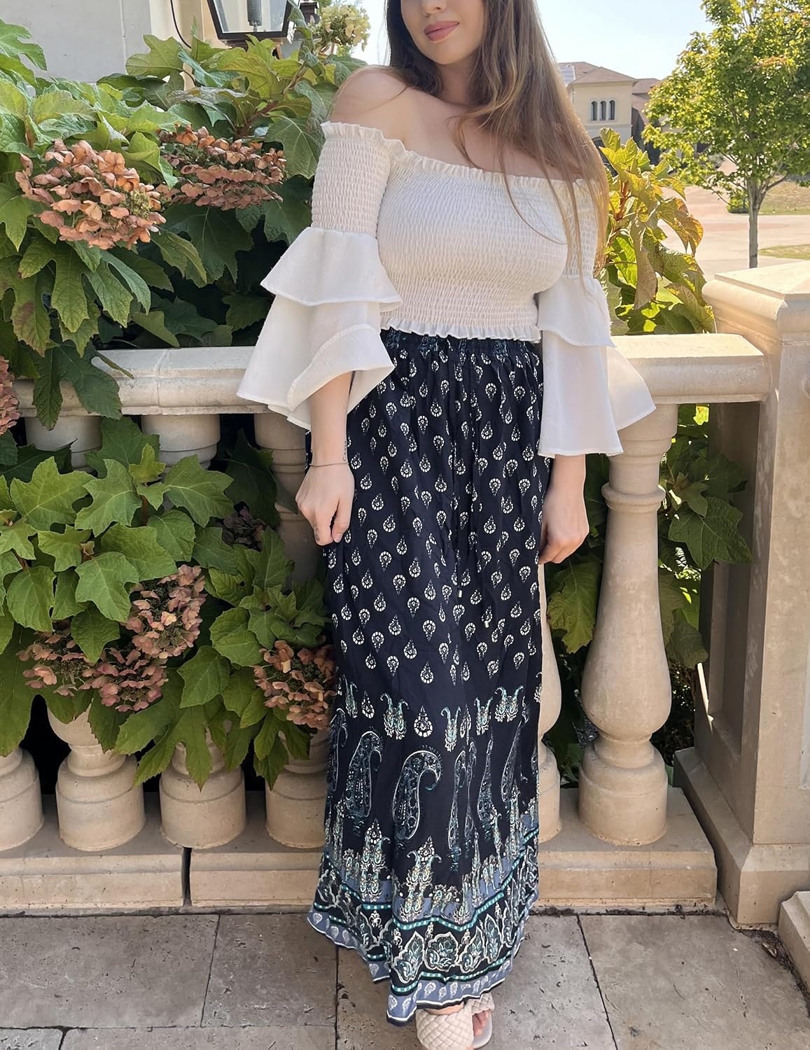image:imageZeagoo Womens 2026 Boho Floral Skirt Casual Elastic High Waist Maxi Skirts Flowy A Line Beach Long Skirt with Side PocketsNavy Blue