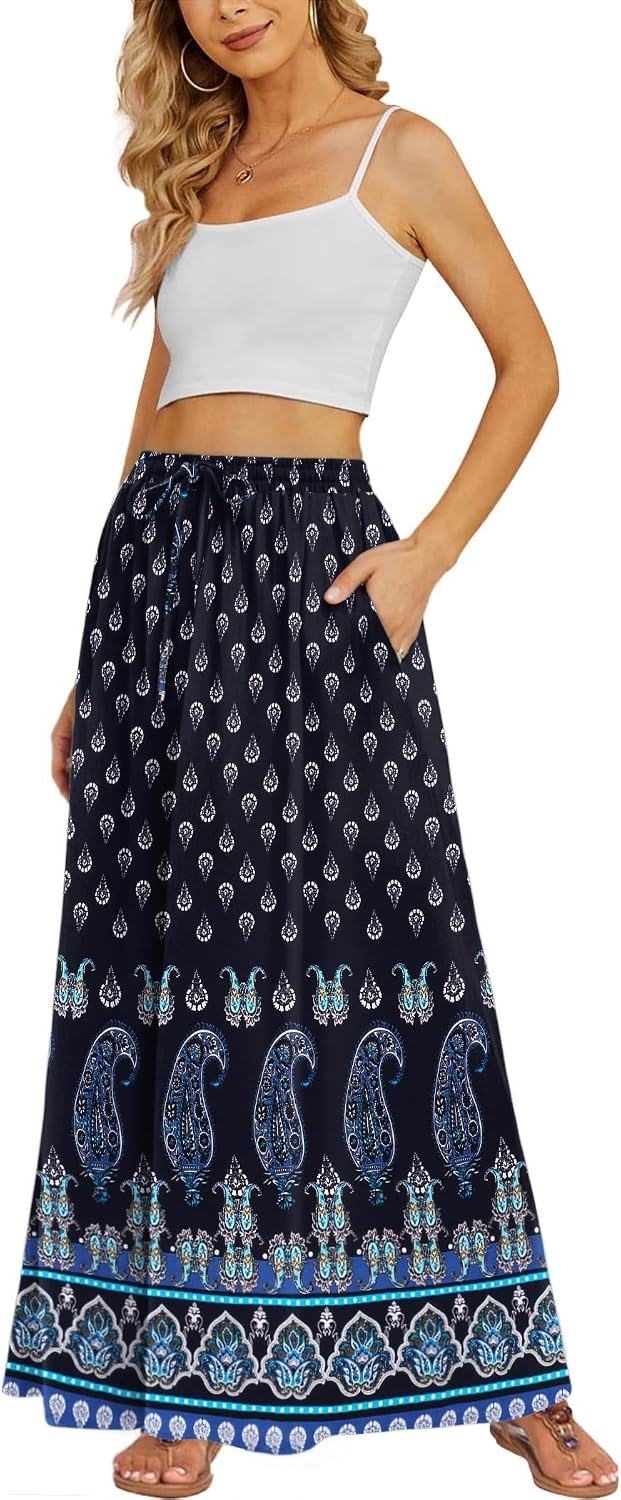 image:imageZeagoo Womens 2026 Boho Floral Skirt Casual Elastic High Waist Maxi Skirts Flowy A Line Beach Long Skirt with Side PocketsNavy Blue