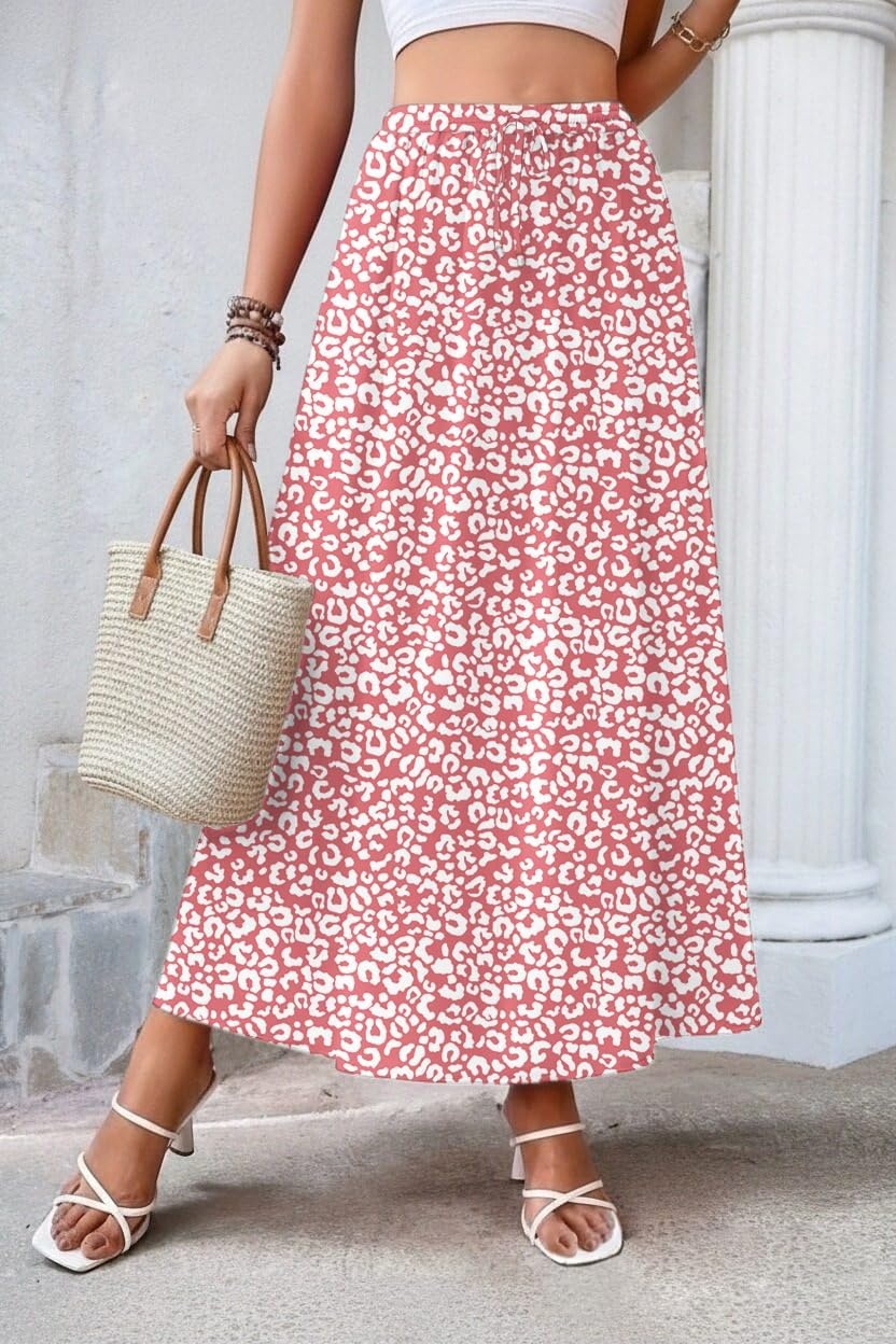 image:imageZeagoo Womens 2026 Boho Floral Skirt Casual Elastic High Waist Maxi Skirts Flowy A Line Beach Long Skirt with Side PocketsOrange Pink White