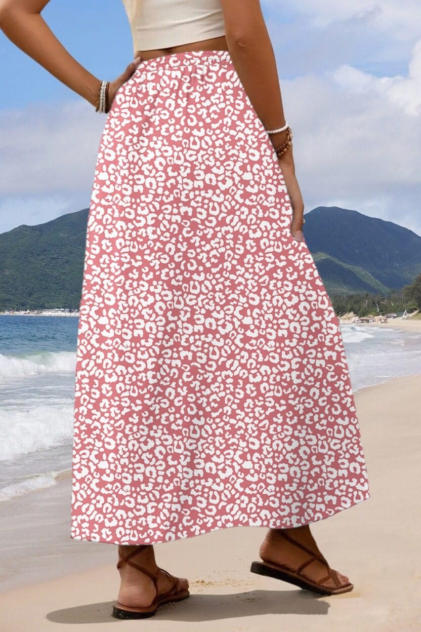 image:imageZeagoo Womens 2026 Boho Floral Skirt Casual Elastic High Waist Maxi Skirts Flowy A Line Beach Long Skirt with Side PocketsOrange Pink White