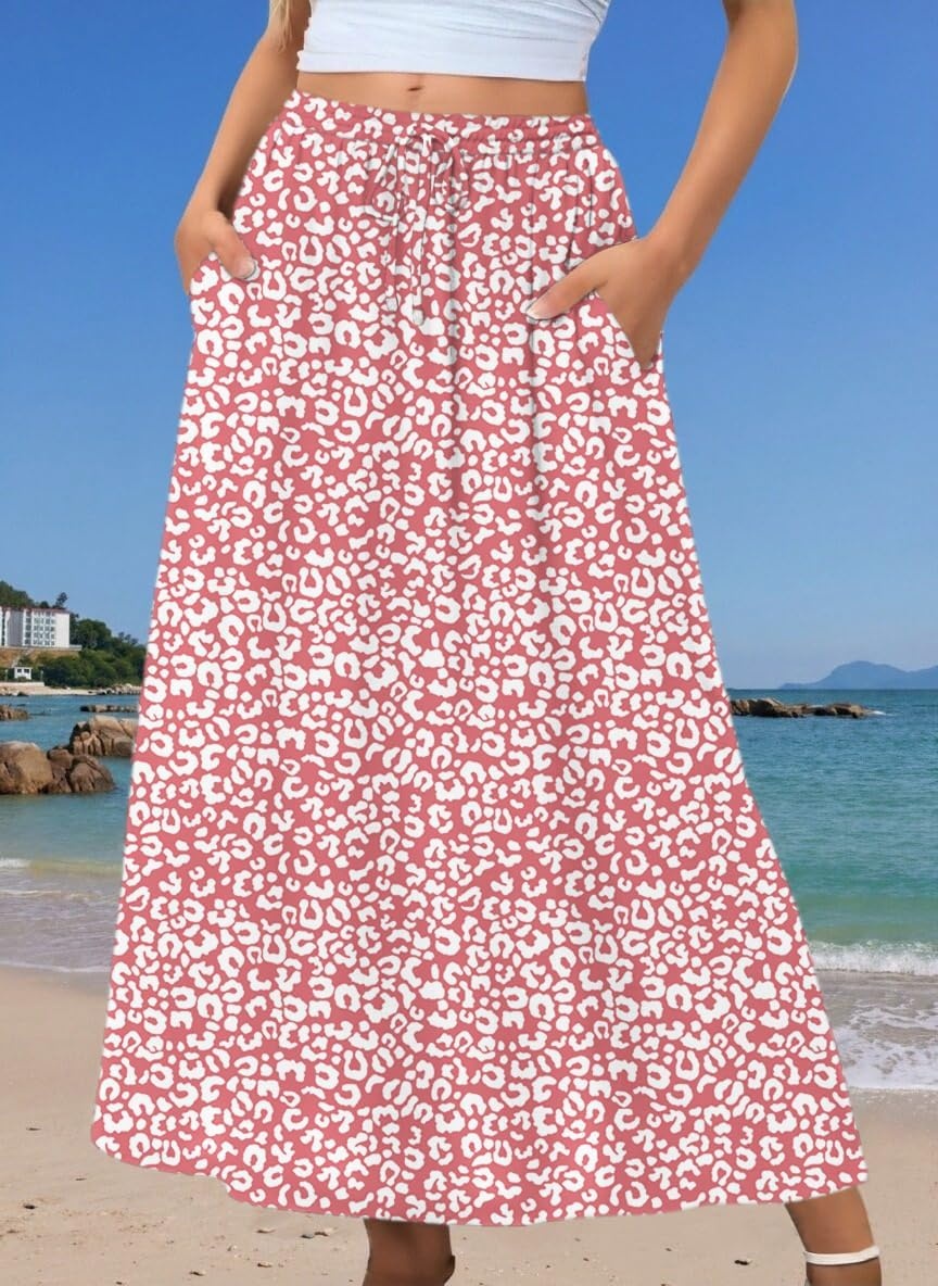 image:imageZeagoo Womens 2026 Boho Floral Skirt Casual Elastic High Waist Maxi Skirts Flowy A Line Beach Long Skirt with Side PocketsOrange Pink White