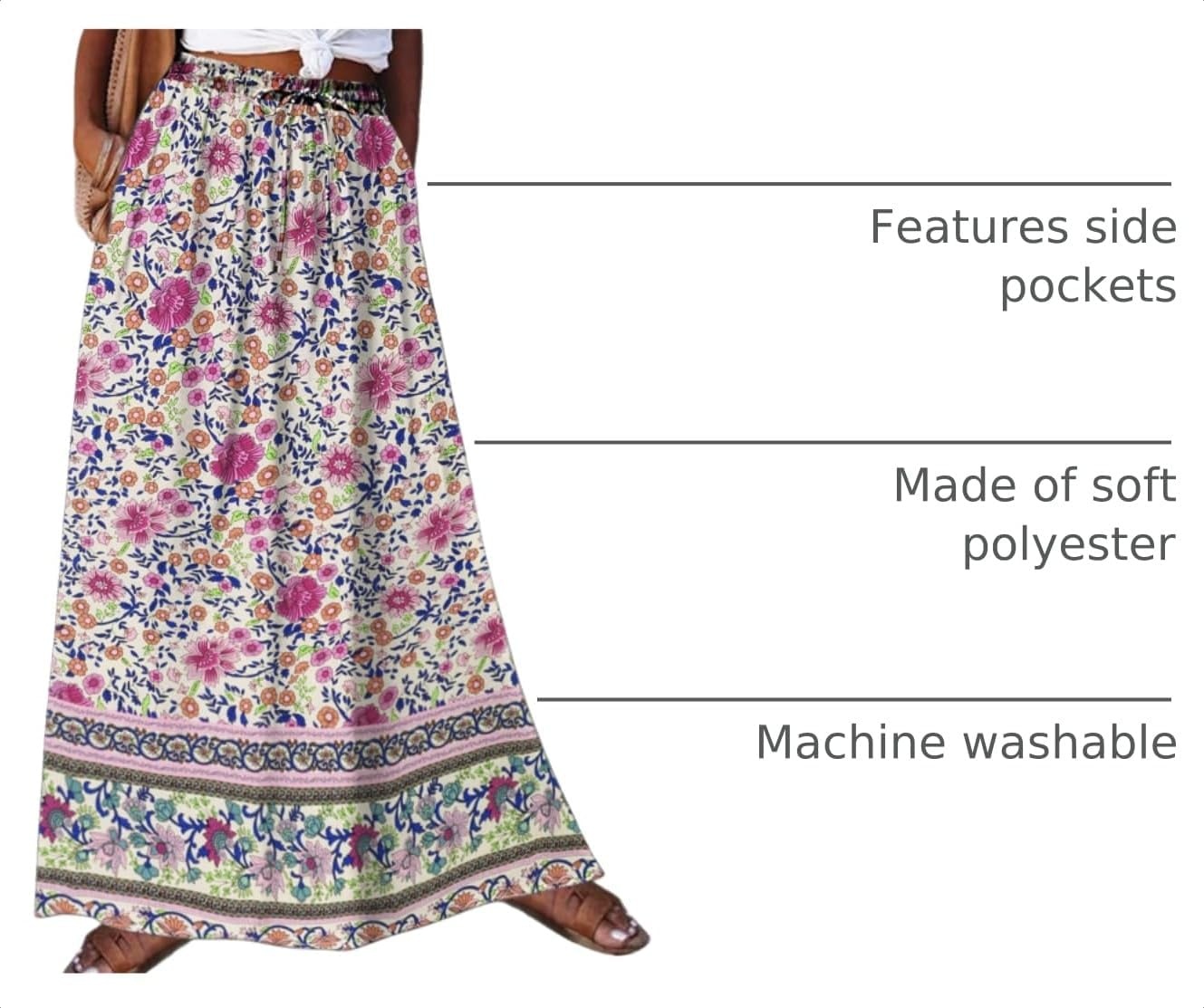 image:imageZeagoo Womens 2026 Boho Floral Skirt Casual Elastic High Waist Maxi Skirts Flowy A Line Beach Long Skirt with Side PocketsPurple
