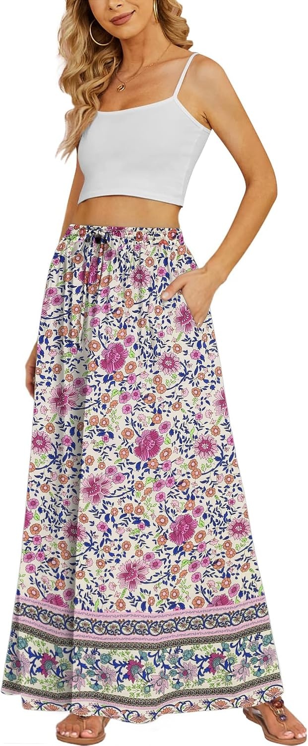 image:imageZeagoo Womens 2026 Boho Floral Skirt Casual Elastic High Waist Maxi Skirts Flowy A Line Beach Long Skirt with Side PocketsPurple