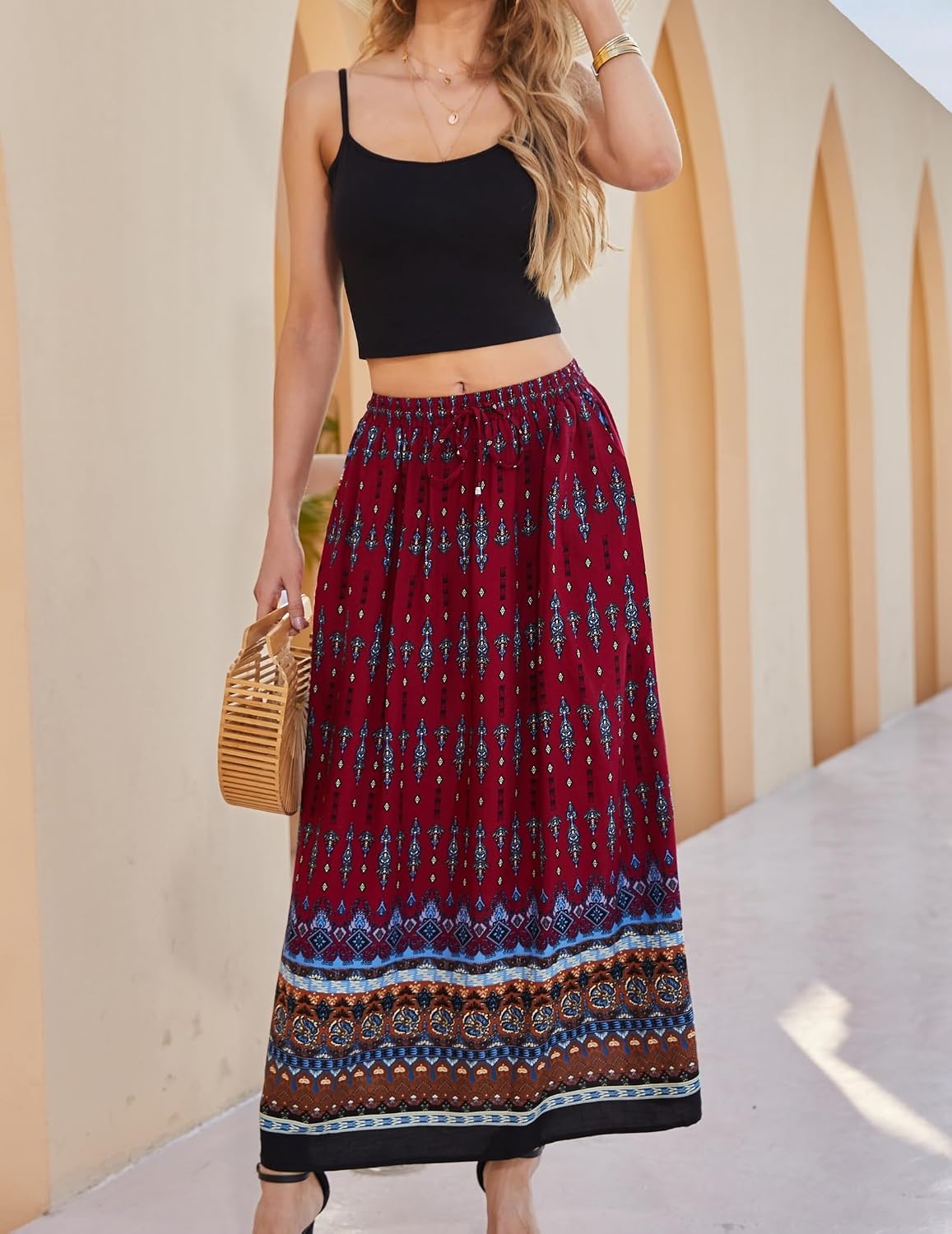 image:imageZeagoo Womens 2026 Boho Floral Skirt Casual Elastic High Waist Maxi Skirts Flowy A Line Beach Long Skirt with Side PocketsRed