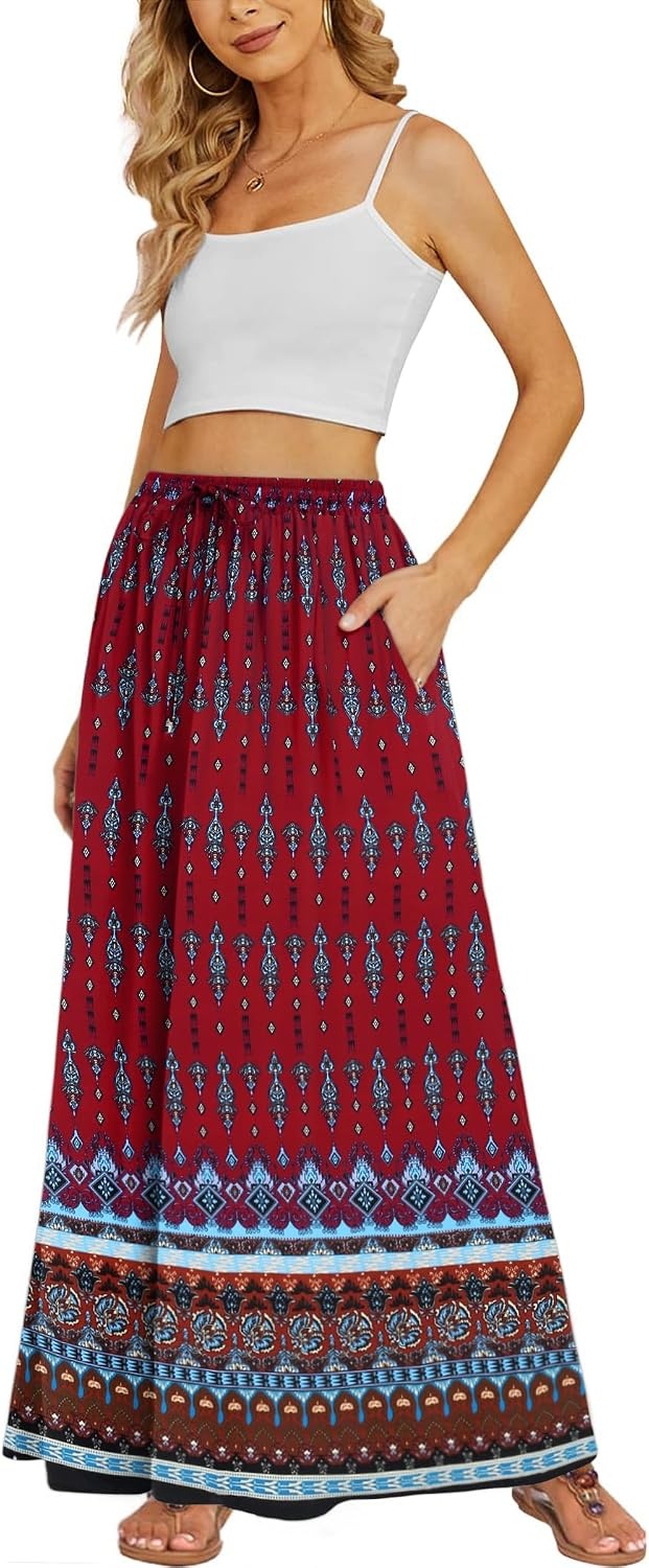 image:imageZeagoo Womens 2026 Boho Floral Skirt Casual Elastic High Waist Maxi Skirts Flowy A Line Beach Long Skirt with Side PocketsRed
