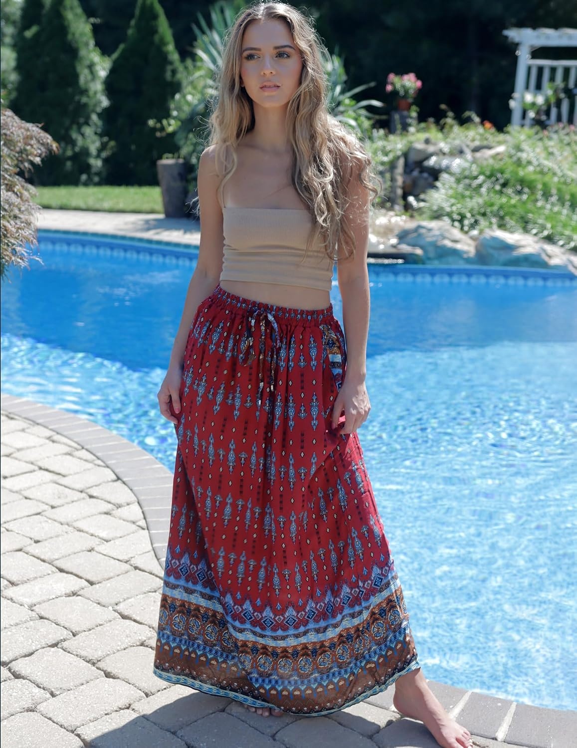 image:imageZeagoo Womens 2026 Boho Floral Skirt Casual Elastic High Waist Maxi Skirts Flowy A Line Beach Long Skirt with Side PocketsRed