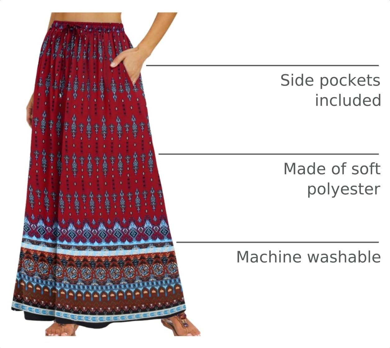 image:imageZeagoo Womens 2026 Boho Floral Skirt Casual Elastic High Waist Maxi Skirts Flowy A Line Beach Long Skirt with Side PocketsRed