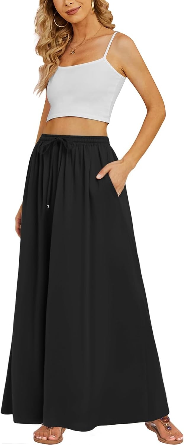 image:imageZeagoo Womens 2026 Boho Floral Skirt Casual Elastic High Waist Maxi Skirts Flowy A Line Beach Long Skirt with Side PocketsSolid Black