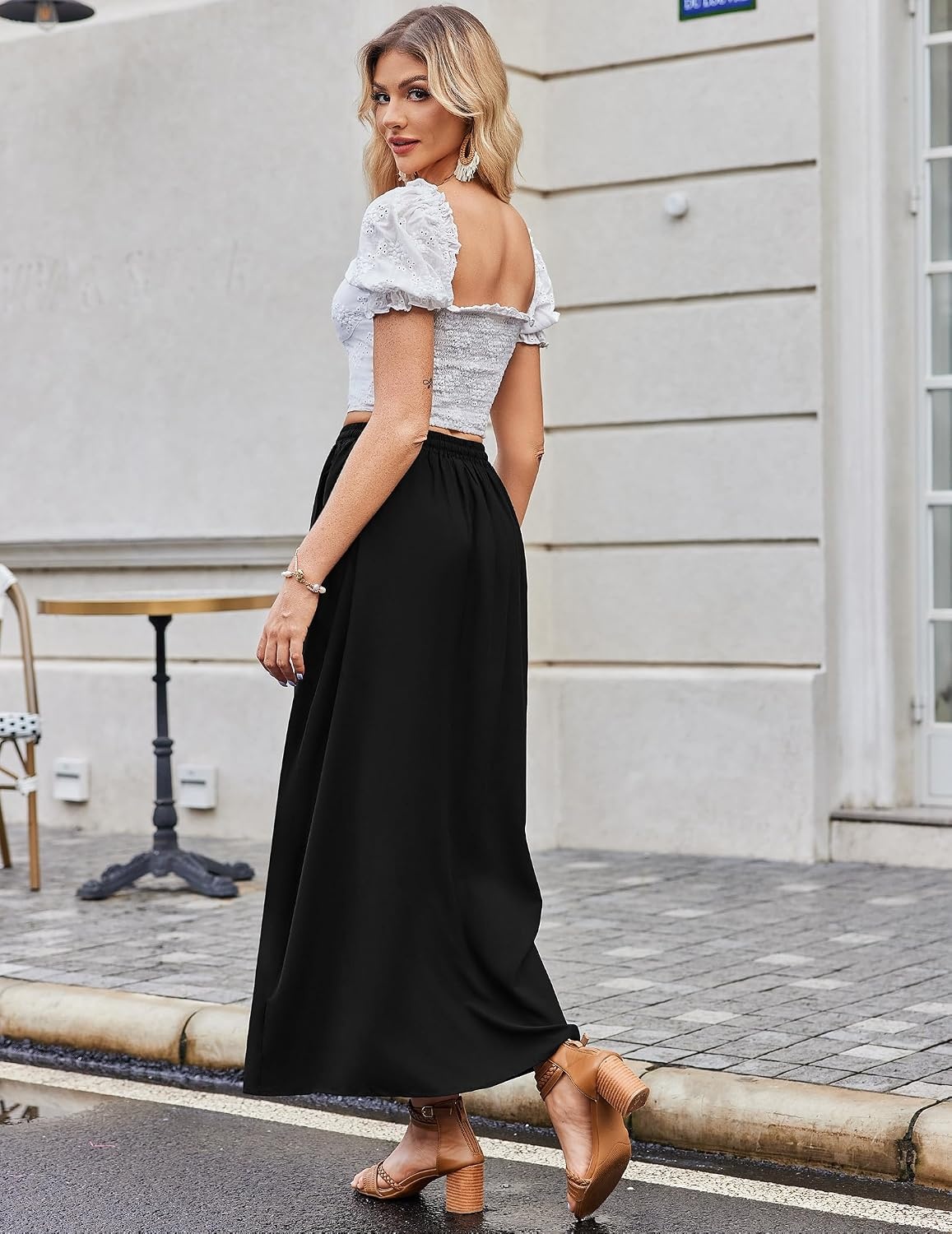 image:imageZeagoo Womens 2026 Boho Floral Skirt Casual Elastic High Waist Maxi Skirts Flowy A Line Beach Long Skirt with Side PocketsSolid Black