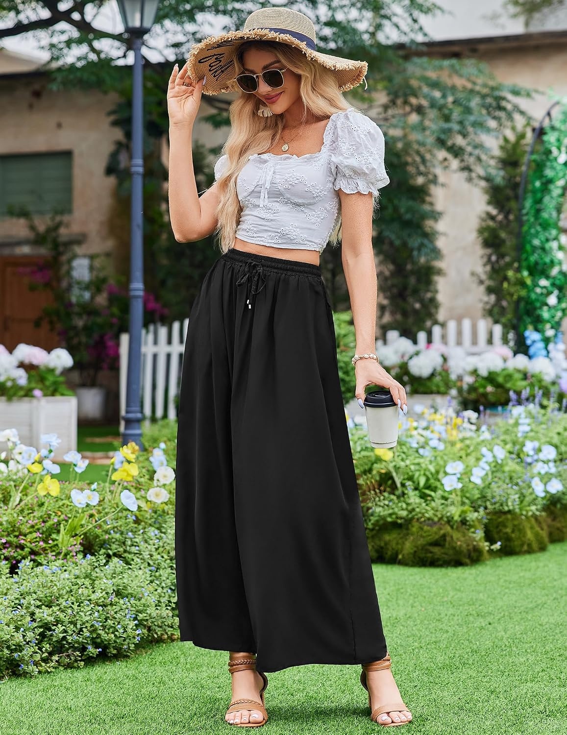 image:imageZeagoo Womens 2026 Boho Floral Skirt Casual Elastic High Waist Maxi Skirts Flowy A Line Beach Long Skirt with Side PocketsSolid Black