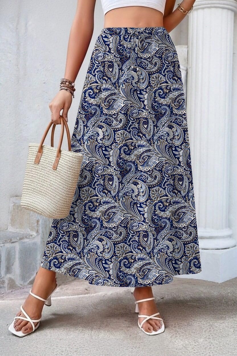 image:imageZeagoo Womens 2026 Boho Floral Skirt Casual Elastic High Waist Maxi Skirts Flowy A Line Beach Long Skirt with Side PocketsTibetan Khaki