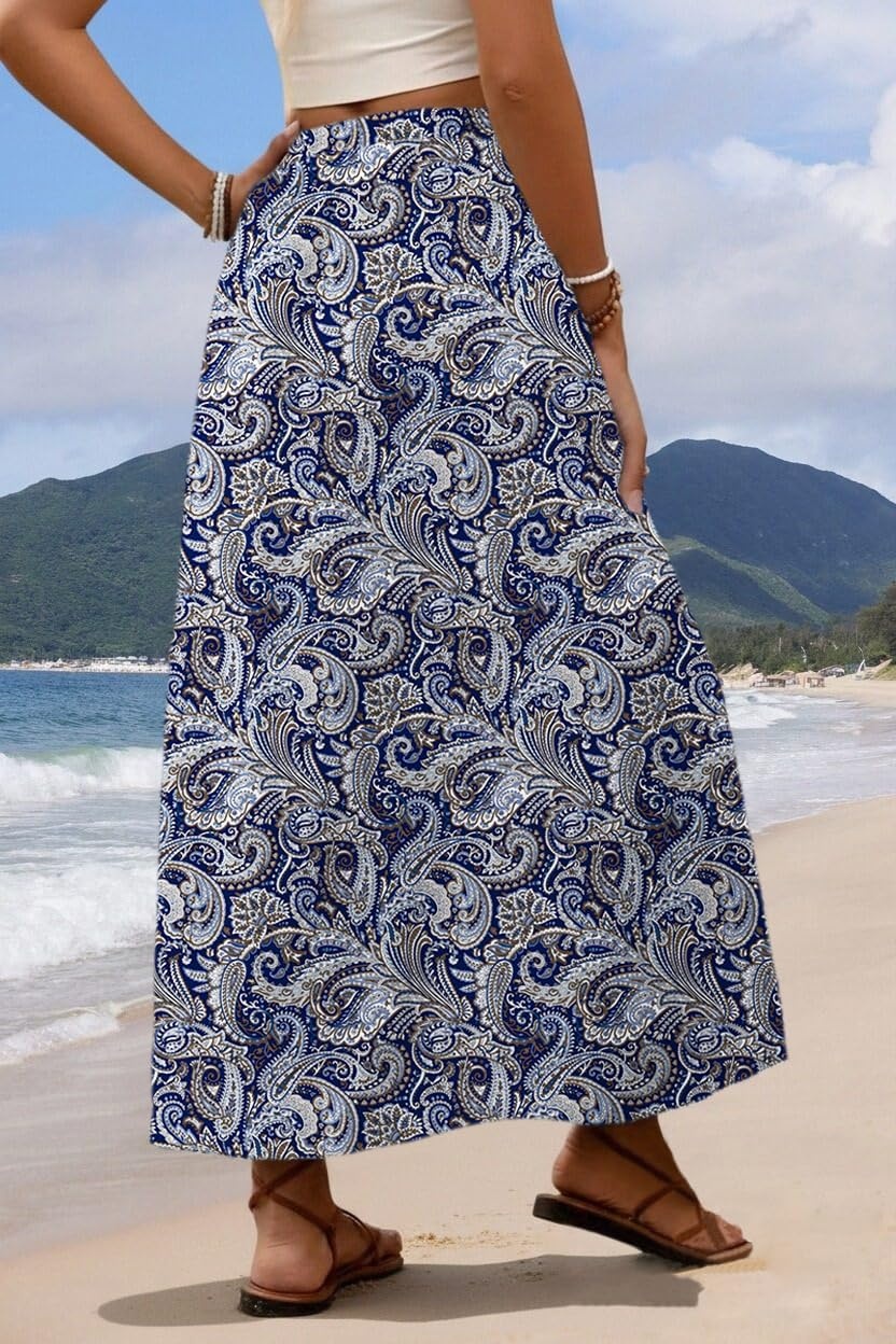 image:imageZeagoo Womens 2026 Boho Floral Skirt Casual Elastic High Waist Maxi Skirts Flowy A Line Beach Long Skirt with Side PocketsTibetan Khaki