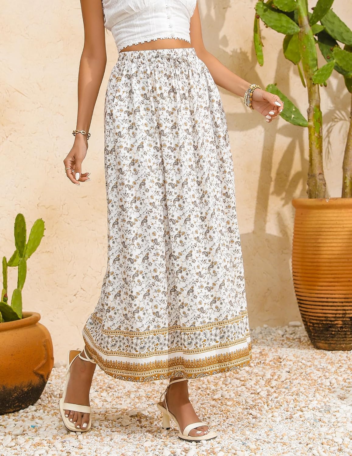 image:imageZeagoo Womens 2026 Boho Floral Skirt Casual Elastic High Waist Maxi Skirts Flowy A Line Beach Long Skirt with Side PocketsWhite