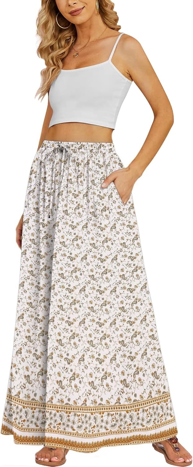 image:imageZeagoo Womens 2026 Boho Floral Skirt Casual Elastic High Waist Maxi Skirts Flowy A Line Beach Long Skirt with Side PocketsWhite