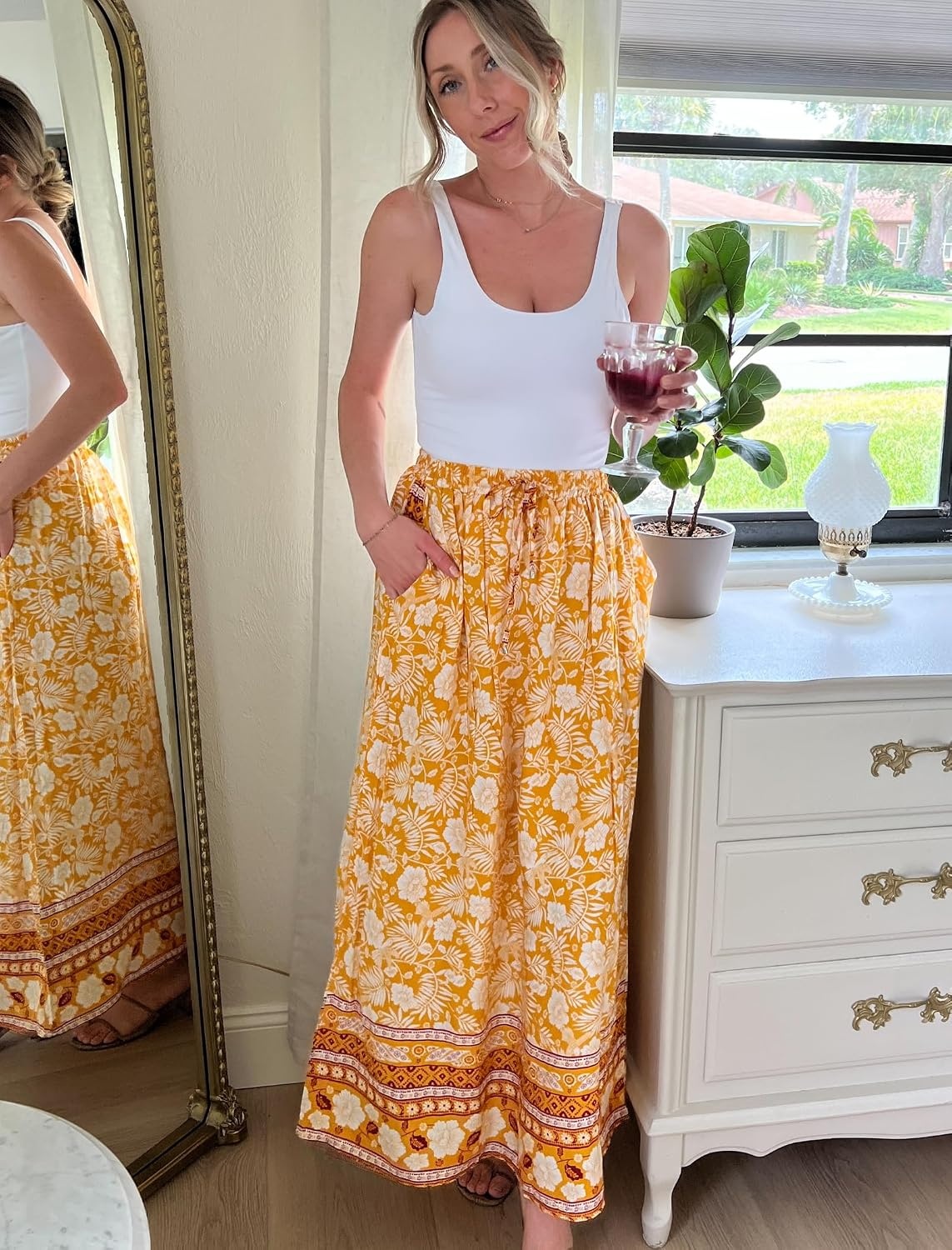 image:imageZeagoo Womens 2026 Boho Floral Skirt Casual Elastic High Waist Maxi Skirts Flowy A Line Beach Long Skirt with Side PocketsYellow Floral